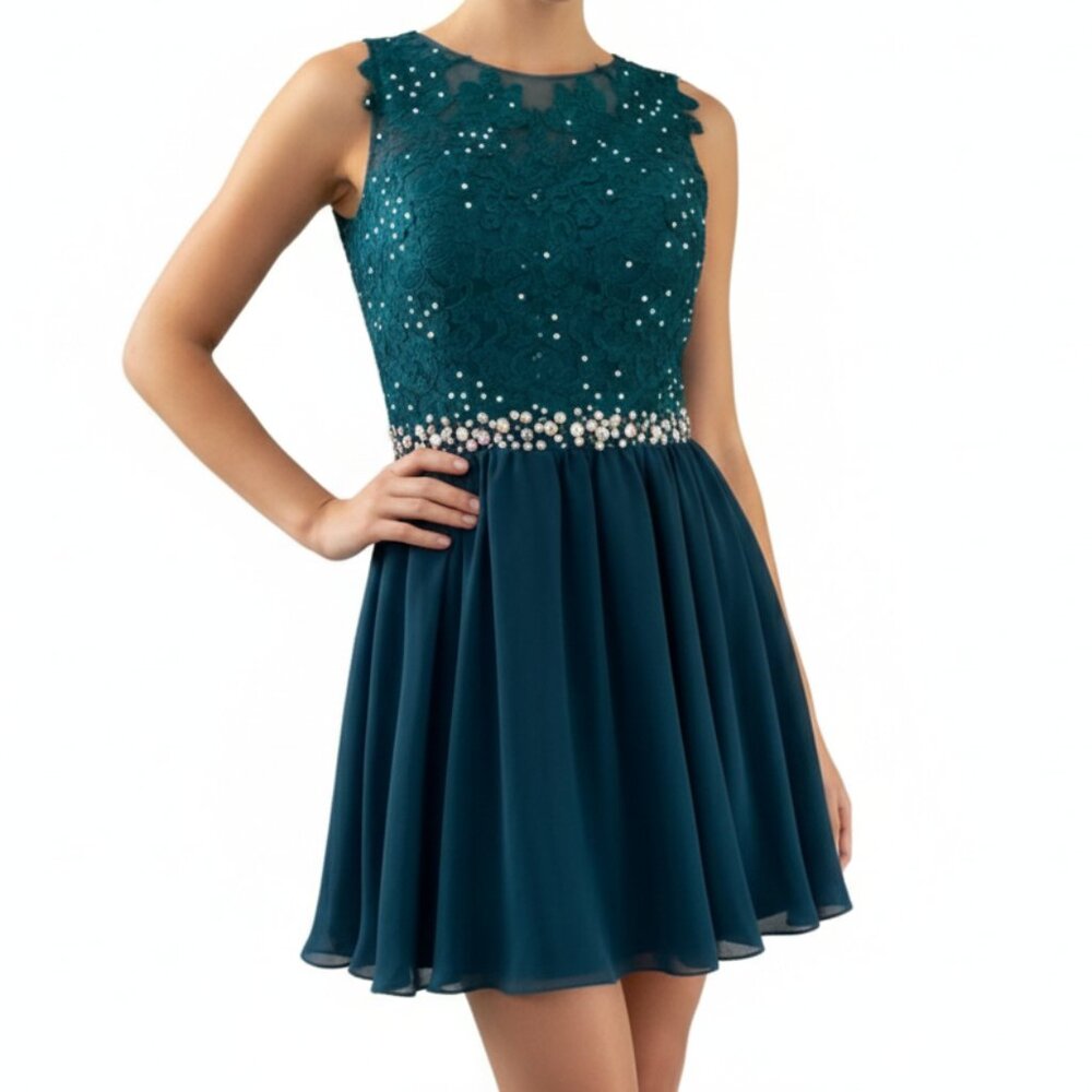 Elizabeth K by GLS Womens Lace Homecoming Dress S Teal Beaded Chiffon Whimsigoth